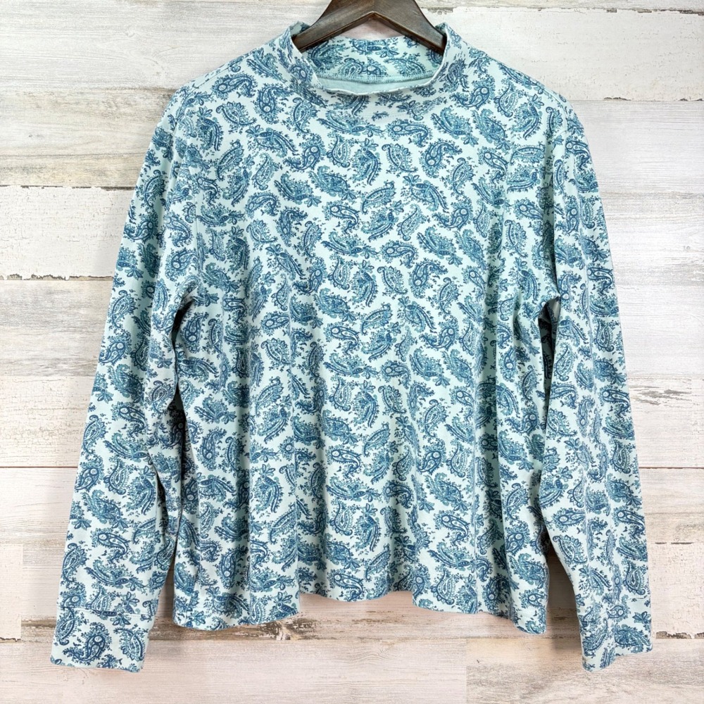 Lands End Womens XL Blue Paisley Mock Neck Long Sleeve 100% Cotton Top Casual - Picture 2 of 11